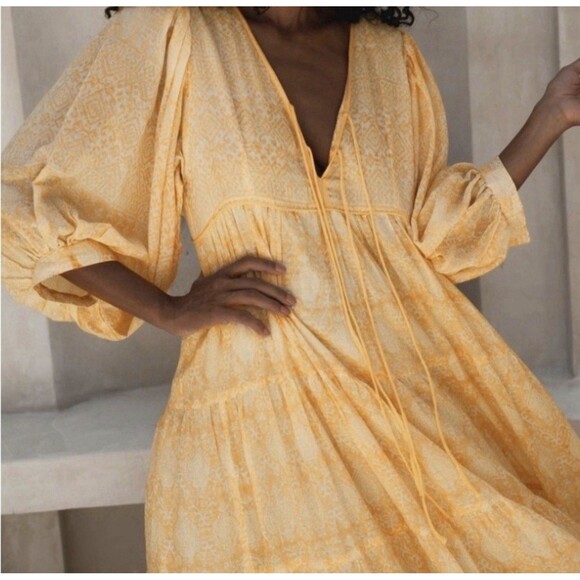 MWT Daughters of India Jasmine Size L Maxi Dress Mango Yellow Cotton - Picture 9 of 13